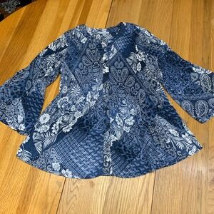 Floral & Ivy Blue Paisley Patchwork Bell Sleeve Blouse Womens Medium Pleated
